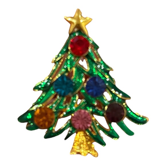 VTG LOT OF 4 CHRISTMAS TREE BROOCHES GOLD TONE METAL PEWTER & RHINESTONES - Picture 4 of 5